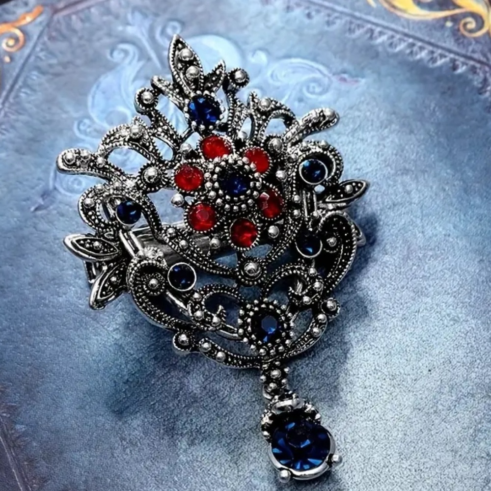 Red Flower Brooch, Lapel Pin or Pendant with Blue Rhinestones for Jacket, Blazer